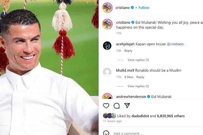 Cristiano Ronaldo Unggah Ucapan Selamat Idulfitri, Netizen Dunia Antusias