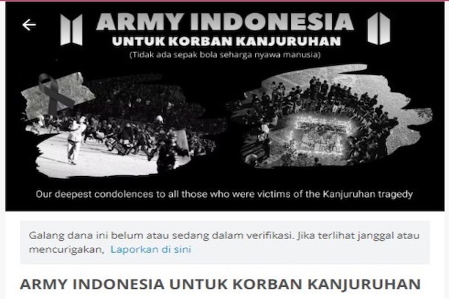 Keren! ARMY Indonesia Galang Dana Tragedi Kanjuruhan, Tembus Rp447 Juta 