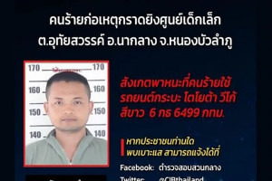  Selebaran dari halaman Facebook Biro Investigasi Pusat Thailand ini menunjukkan gambar mantan polisi Panya Khamrab, yang diyakini telah membunuh sedikitnya 30 orang di sebuah penitipan bayi di provinsi utara Thailand, Nong Bua Lam Phu. (Dok. Facebook)