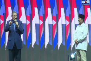 Ketua majelis Tinggi Partai Demokrat Susilo Bambang Yudhoyono dan bcapres usungan Partai Demokrat, Prabowo Subianto dalam Rapimnas Partai Demokrat di Senayan, Jakarta, Kamis (21/9) (Potongan layar Youtube Partai Demokrat)